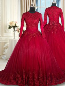 Scoop Long Sleeves Floor Length Clasp Handle Sweet 16 Dresses Wine Red for Military Ball and Sweet 16 and Quinceanera wi