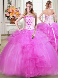 Eye-catching Floor Length Lace Up Sweet 16 Dress Fuchsia for Military Ball and Sweet 16 and Quinceanera with Beading and