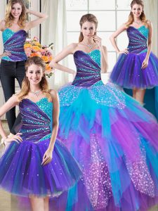 Four Piece Sleeveless Tulle Floor Length Lace Up Quinceanera Dresses in Multi-color with Beading and Ruffles
