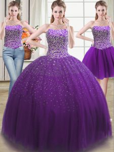 Inexpensive Three Piece Purple Sleeveless Floor Length Beading Lace Up Vestidos de Quinceanera