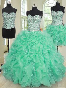 Spectacular Three Piece Turquoise Ball Gowns Organza Sweetheart Sleeveless Beading and Ruffles Floor Length Lace Up Quin