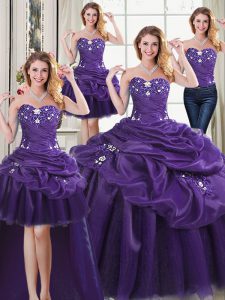 Four Piece Sleeveless Organza Floor Length Lace Up Quinceanera Dresses in Purple with Beading and Appliques and Pick Ups
