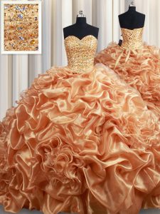 Champagne Lace Up Quinceanera Dresses Beading and Ruffles and Pick Ups Sleeveless Court Train