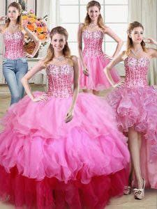 Four Piece Multi-color Ball Gowns Sweetheart Sleeveless Organza Floor Length Lace Up Ruffles and Sequins Quince Ball Gow