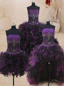 Four Piece Black and Purple Strapless Neckline Beading and Ruffles Quinceanera Dresses Sleeveless Lace Up