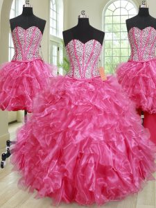 Sweet Four Piece Hot Pink Ball Gowns Sweetheart Sleeveless Organza Floor Length Lace Up Beading and Ruffles Quinceanera 
