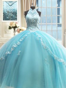 Latest Halter Top Aqua Blue Sleeveless Tulle Lace Up Sweet 16 Dress for Military Ball and Sweet 16 and Quinceanera