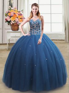 Great Teal Lace Up Sweetheart Beading Quinceanera Gowns Tulle Sleeveless