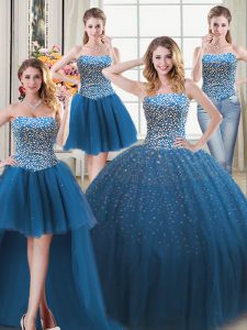 Latest Four Piece Floor Length Teal Quince Ball Gowns Sweetheart Sleeveless Lace Up