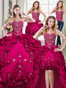 Four Piece Fuchsia Organza and Taffeta Lace Up Sweetheart Sleeveless Floor Length Sweet 16 Dress Beading and Embroidery