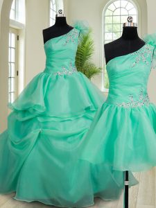 Three Piece Turquoise One Shoulder Neckline Beading and Hand Made Flower Sweet 16 Dress Sleeveless Lace Up