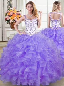 Straps Beading and Lace and Ruffles 15th Birthday Dress Lavender Lace Up Sleeveless Floor Length