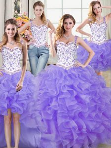 Four Piece Ball Gowns Sweet 16 Quinceanera Dress Lavender Straps Organza Sleeveless Floor Length Lace Up