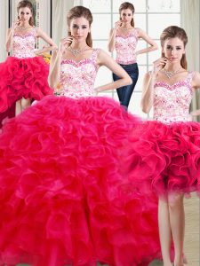Dramatic Four Piece Straps Hot Pink Sleeveless Beading and Ruffles Floor Length Vestidos de Quinceanera
