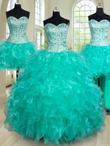 Nice Four Piece Floor Length Turquoise Sweet 16 Dresses Organza Sleeveless Beading and Ruffles
