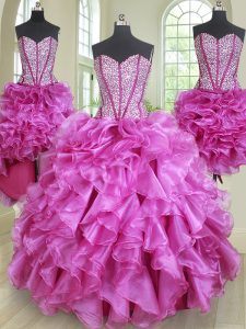 Four Piece Sleeveless Organza Floor Length Lace Up Sweet 16 Dress in Fuchsia with Beading and Ruffles