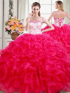 On Sale Hot Pink Straps Neckline Beading and Ruffles Quinceanera Gown Sleeveless Lace Up