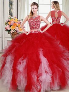 Admirable Scoop White and Red Zipper 15th Birthday Dress Beading and Ruffles Sleeveless Floor Length