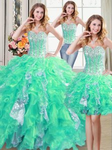 Super Three Piece Floor Length Turquoise 15th Birthday Dress Organza Sleeveless Beading and Ruffles and Sequins