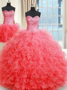 Gorgeous Three Piece Sweetheart Sleeveless Sweet 16 Dress Floor Length Beading and Ruffles Coral Red Organza