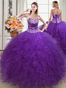 Spectacular Eggplant Purple Sleeveless Tulle Lace Up Sweet 16 Dresses for Military Ball and Sweet 16 and Quinceanera