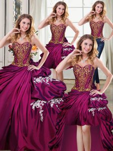 Four Piece Sweetheart Sleeveless Quinceanera Dress Floor Length Beading and Appliques and Pick Ups Burgundy Taffeta