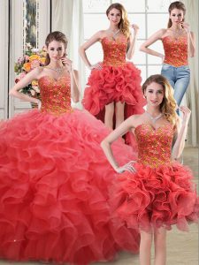 Four Piece Organza Sweetheart Sleeveless Lace Up Beading and Ruffles Quinceanera Dress in Coral Red