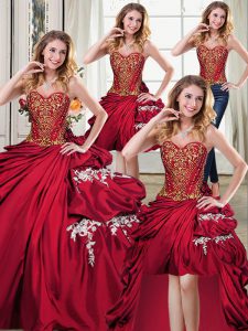 Elegant Four Piece Wine Red Sleeveless Floor Length Beading and Appliques and Pick Ups Lace Up Quinceanera Gowns