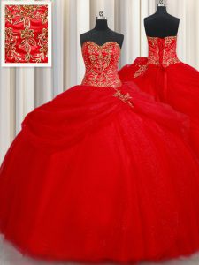 Red Lace Up Sweetheart Beading and Pick Ups 15th Birthday Dress Tulle Sleeveless