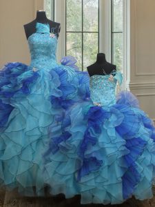 Noble Ball Gowns Quinceanera Dress Blue Strapless Organza Sleeveless Floor Length Lace Up