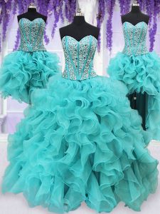 Four Piece Sleeveless Organza Floor Length Lace Up 15th Birthday Dress in Aqua Blue with Beading and Ruffles