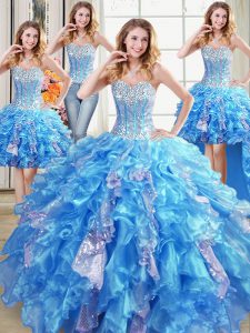 Four Piece Baby Blue Sweetheart Lace Up Beading and Ruffles and Sequins Quinceanera Dresses Sleeveless
