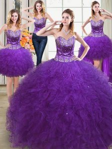 New Arrival Four Piece Sleeveless Lace Up Floor Length Beading and Ruffles Quinceanera Dress