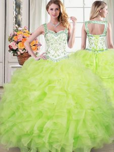 Straps Yellow Green Lace Up Quince Ball Gowns Beading and Lace and Ruffles Sleeveless Floor Length