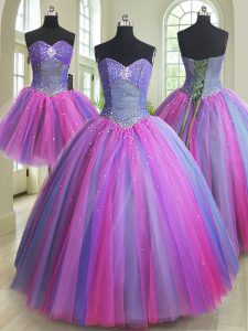 Free and Easy Three Piece Sleeveless Lace Up Floor Length Beading Quinceanera Gowns