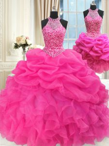 Free and Easy Three Piece Hot Pink Ball Gowns Halter Top Sleeveless Organza Floor Length Lace Up Beading and Ruffles and