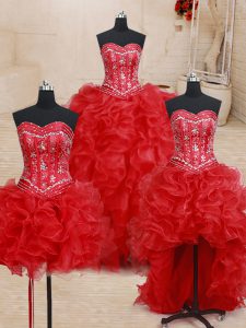 Noble Four Piece Sleeveless Organza Floor Length Lace Up Ball Gown Prom Dress in Red with Beading and Ruffles