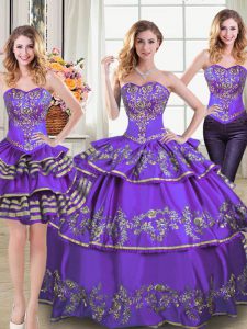 Three Piece Sleeveless Taffeta Floor Length Lace Up Quinceanera Gown in Eggplant Purple with Embroidery and Ruffled Laye