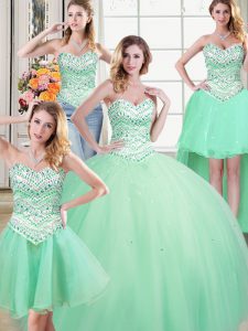 Four Piece Floor Length Apple Green Quince Ball Gowns Sweetheart Sleeveless Lace Up
