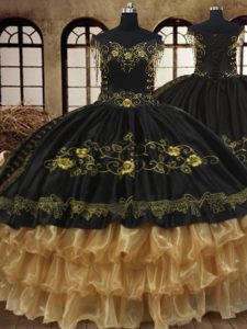Fabulous Off the Shoulder Black Sleeveless Beading and Embroidery and Ruffled Layers Floor Length Quinceanera Dress