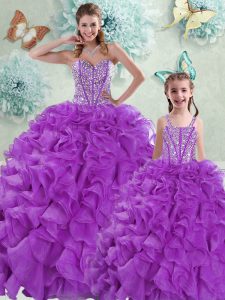 Clearance Organza Sleeveless With Train Quinceanera Gown Brush Train and Beading and Ruffles