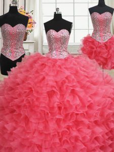 Free and Easy Three Piece Coral Red Organza Lace Up 15 Quinceanera Dress Sleeveless Floor Length Beading and Ruffles
