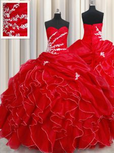 Beading and Ruffles and Pick Ups Quinceanera Dresses Red Lace Up Sleeveless Floor Length