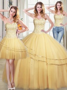 Vintage Three Piece Beading and Sequins Sweet 16 Dress Gold Lace Up Sleeveless Floor Length