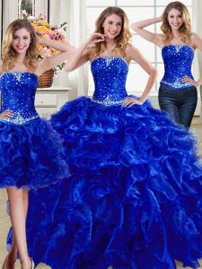 Sophisticated Three Piece Royal Blue Organza Lace Up Strapless Sleeveless Floor Length Quince Ball Gowns Beading and Ruf