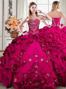 Sleeveless Organza and Taffeta Floor Length Lace Up Quinceanera Gowns in Fuchsia with Beading and Embroidery and Pick Up