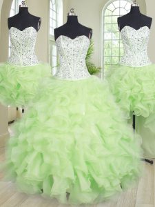 Four Piece Sweetheart Sleeveless Lace Up Ball Gown Prom Dress Yellow Green Organza