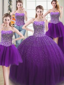 High Class Four Piece Tulle Sweetheart Sleeveless Lace Up Beading Quince Ball Gowns in Purple