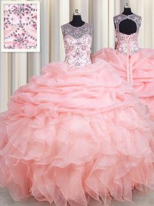 Perfect Scoop Baby Pink Sleeveless Beading and Ruffles and Pick Ups Floor Length Quinceanera Gowns