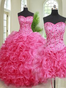 New Style Three Piece Sleeveless Lace Up Floor Length Beading and Ruffles 15th Birthday Dress